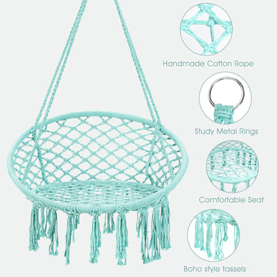 Hanging Macrame Hammock Chair with Handwoven Cotton Backrest-Turquoise