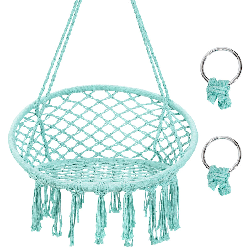 Hanging Macrame Hammock Chair with Handwoven Cotton Backrest-Turquoise