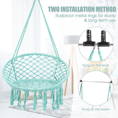 Hanging Macrame Hammock Chair with Handwoven Cotton Backrest-Turquoise