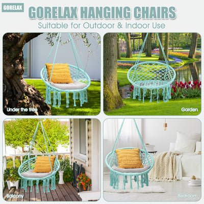 Hanging Macrame Hammock Chair with Handwoven Cotton Backrest-Turquoise