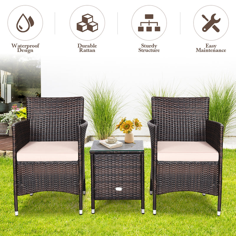 3 Pcs Patio Furniture Set Outdoor Wicker Rattan Set-Beige