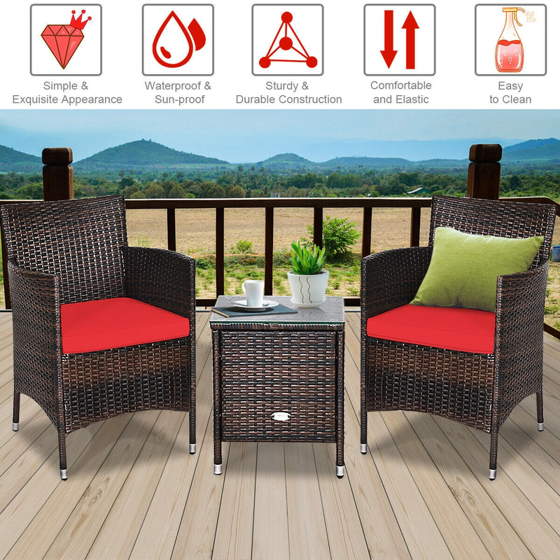 3 Pcs Patio Furniture Set Outdoor Wicker Rattan Set-Red