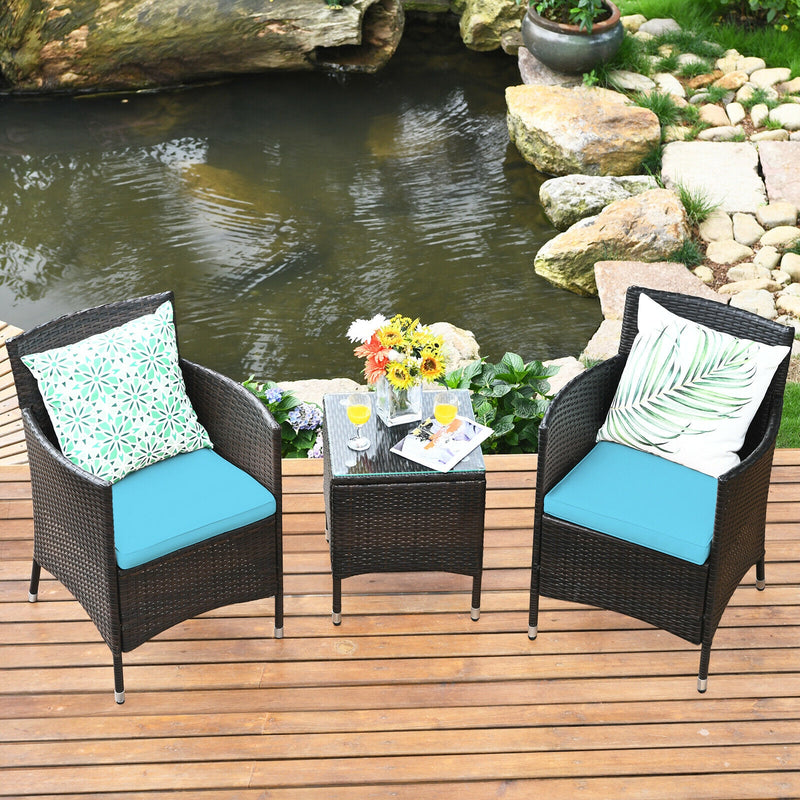 3 Pcs Patio Furniture Set Outdoor Wicker Rattan Set-Blue