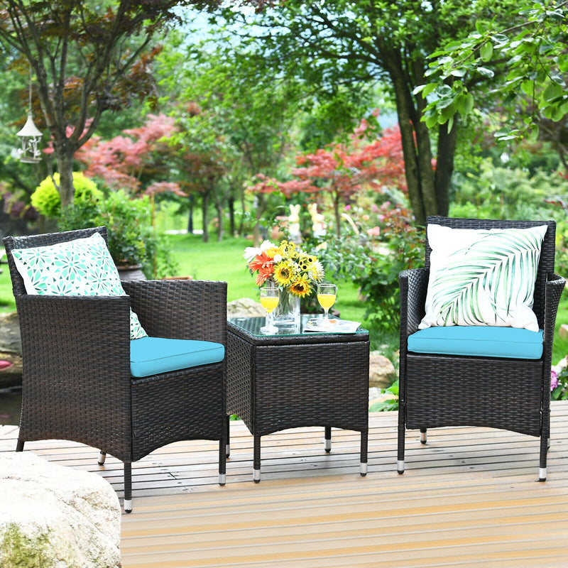 3 Pcs Patio Furniture Set Outdoor Wicker Rattan Set-Blue