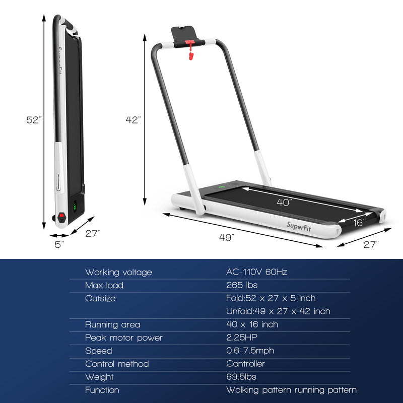 2-in-1 Folding Treadmill with RC Bluetooth Speaker LED Display-White