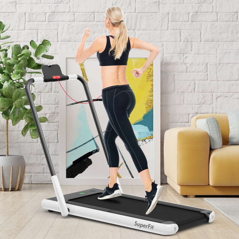 2-in-1 Folding Treadmill with RC Bluetooth Speaker LED Display-White