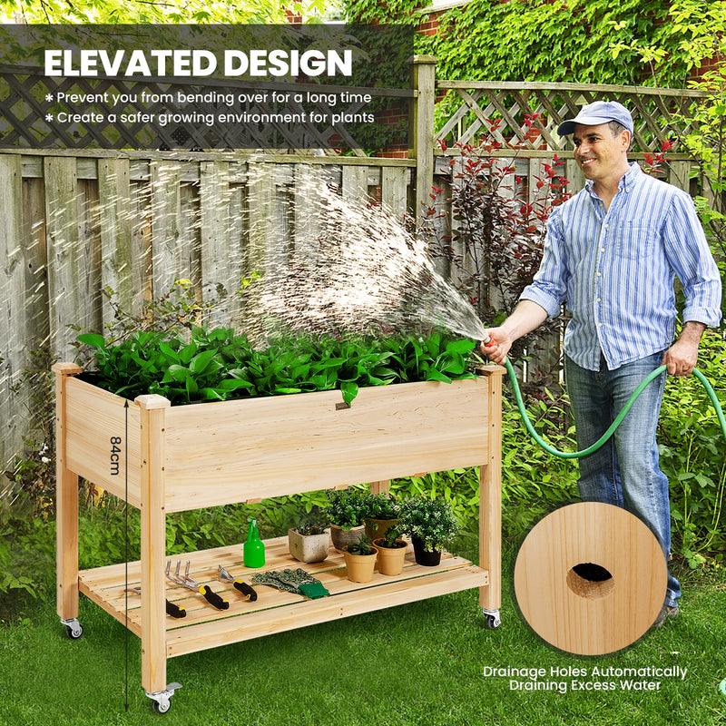 Wood Elevated Planter Bed with Lockable Wheels Shelf and Liner