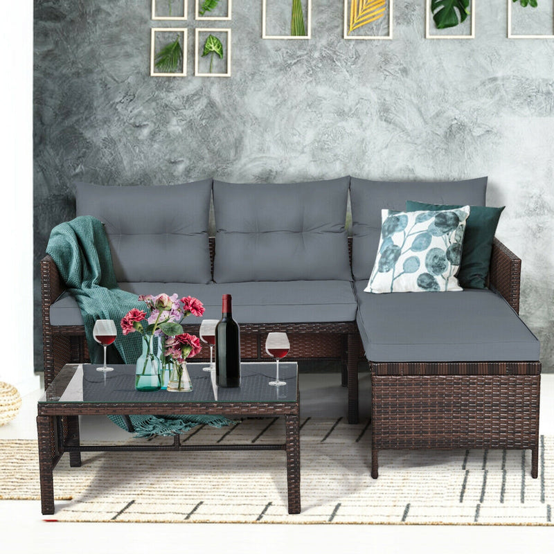 3 Pieces Patio Wicker Rattan Sofa Set-Gray