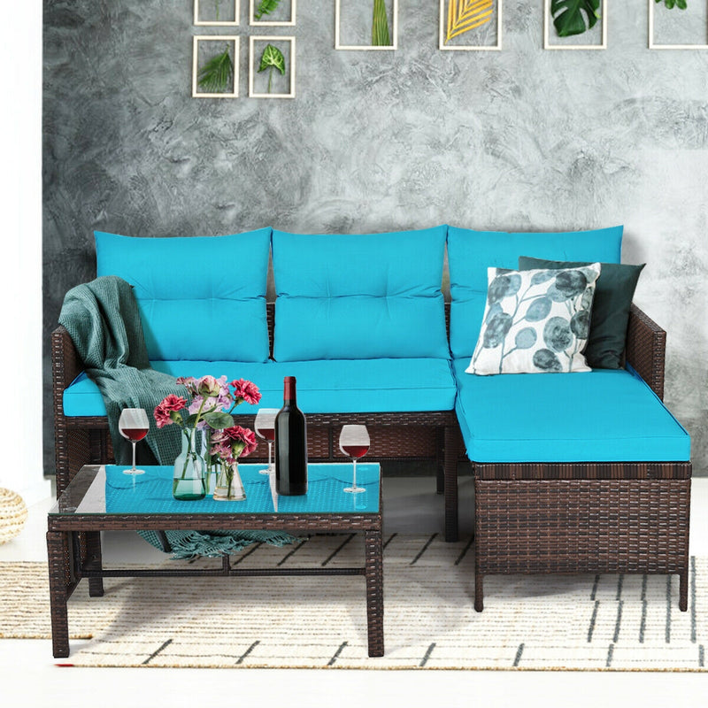 3 Pieces Patio Wicker Rattan Sofa Set-Turquoise