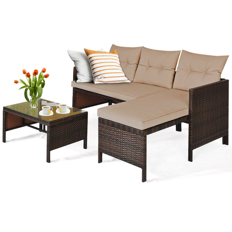 3 Pieces Patio Wicker Rattan Sofa Set-Beige