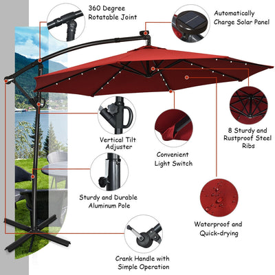 10 ft 360° Rotation Solar Powered LED Patio Offset Umbrella without Weight Base-Burgundy