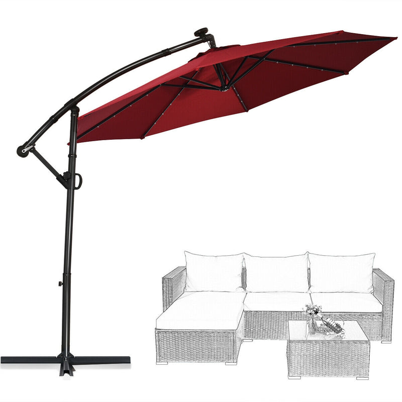 10 ft 360° Rotation Solar Powered LED Patio Offset Umbrella without Weight Base-Burgundy