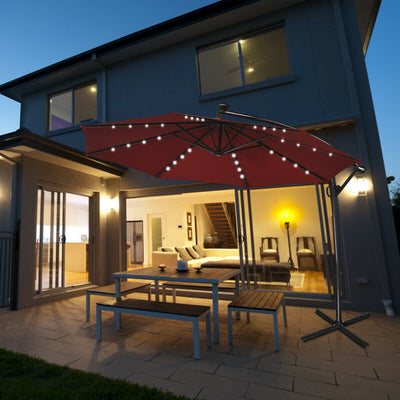 10 ft 360° Rotation Solar Powered LED Patio Offset Umbrella without Weight Base-Burgundy