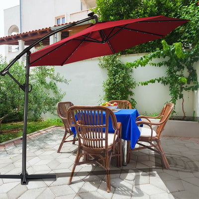 10 ft 360° Rotation Solar Powered LED Patio Offset Umbrella without Weight Base-Burgundy