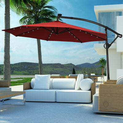 10 ft 360° Rotation Solar Powered LED Patio Offset Umbrella without Weight Base-Burgundy