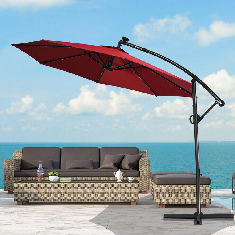 10 ft 360° Rotation Solar Powered LED Patio Offset Umbrella without Weight Base-Burgundy