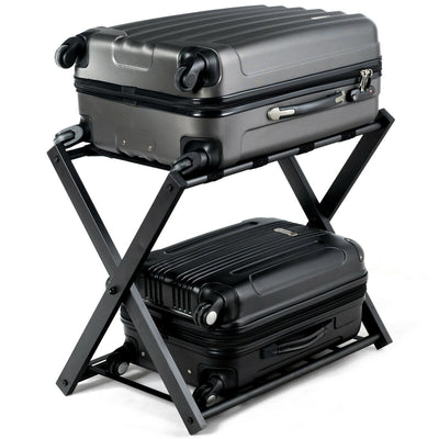 Folding Metal Luggage Rack Suitcase with Shelf Black