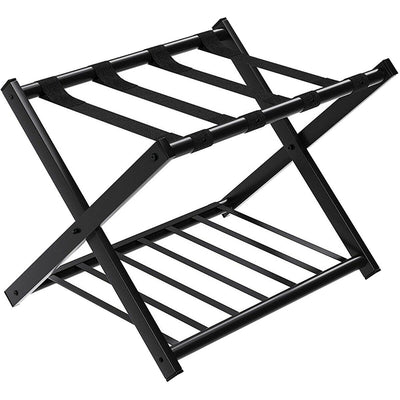 Folding Metal Luggage Rack Suitcase with Shelf Black