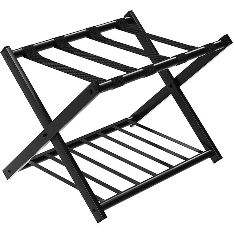 Folding Metal Luggage Rack Suitcase with Shelf Black