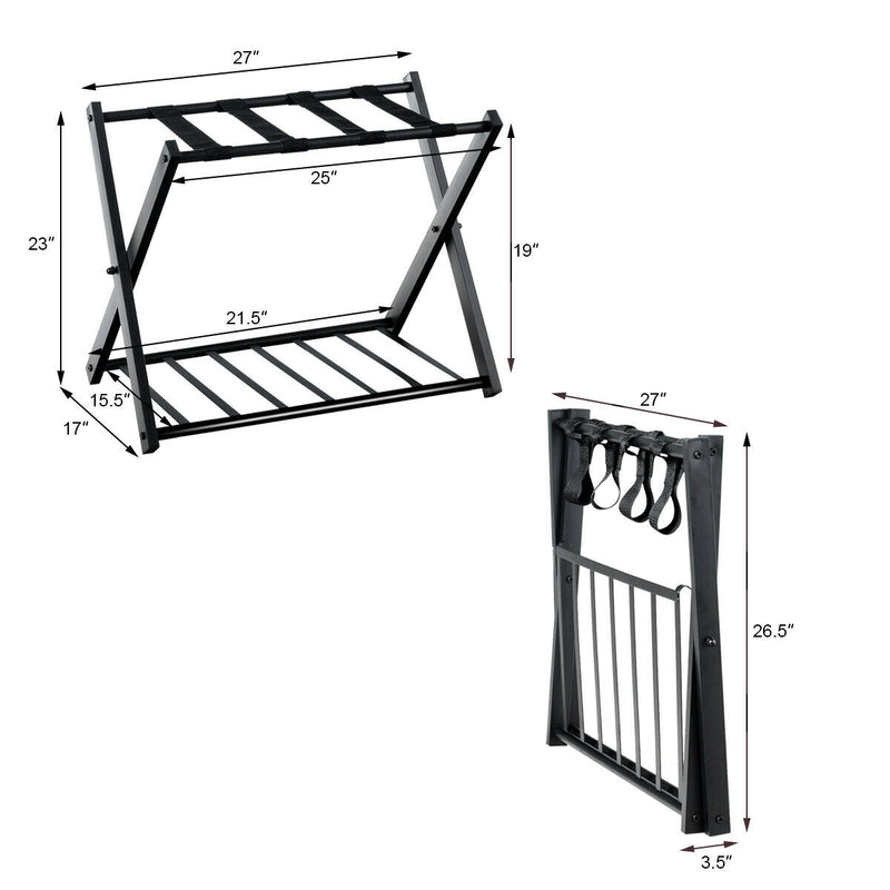 Folding Metal Luggage Rack Suitcase with Shelf Black