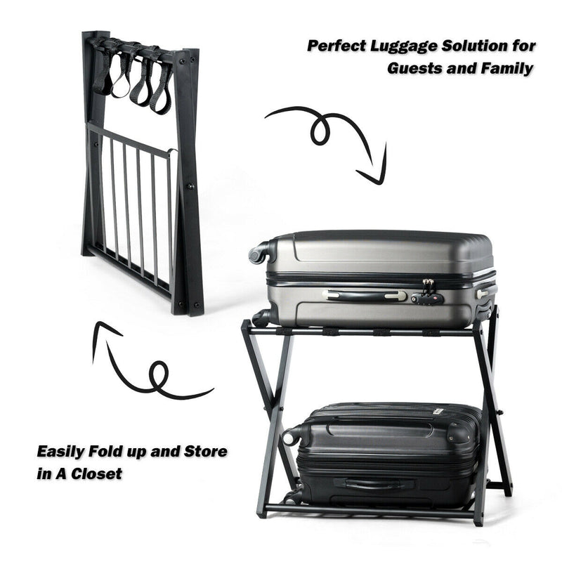 Folding Metal Luggage Rack Suitcase with Shelf Black