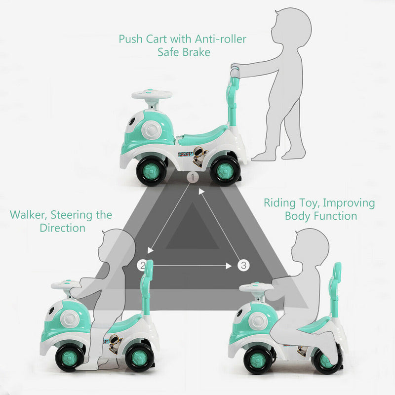 3-in-1 Baby Walker Sliding Pushing Car with Sound Function-Green