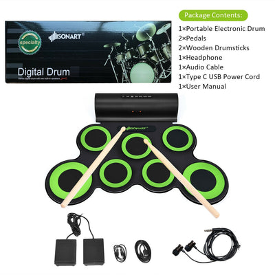 Set 7 Kit Electronic Roll Up Pads MIDI Drum -Green