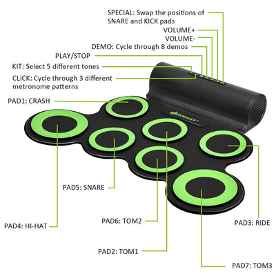 Set 7 Kit Electronic Roll Up Pads MIDI Drum -Green