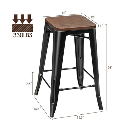 Set of 2 Counter Height Backless Stool with Wooden Seat-Black