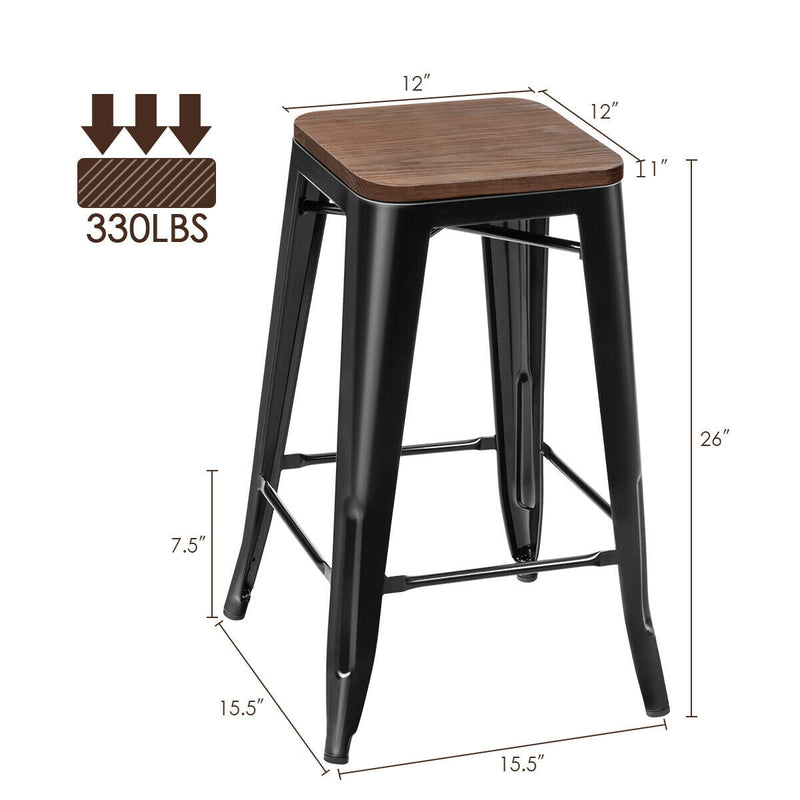 Set of 2 Counter Height Backless Stool with Wooden Seat-Black