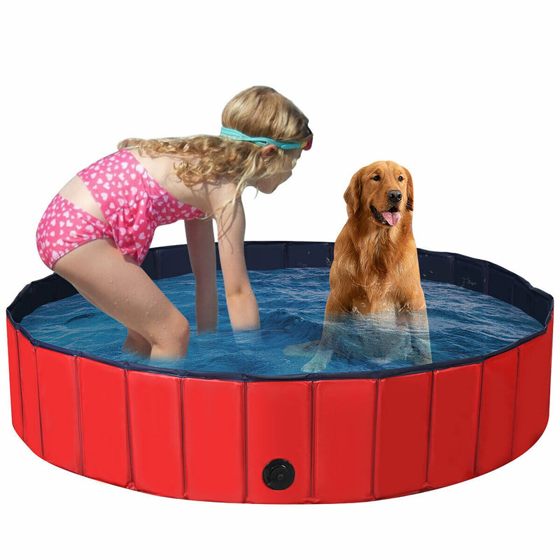 63 Inch Foldable Leakproof Dog Pet Pool Bathing Tub Kiddie Pool for Dogs Cats and Kids-Red