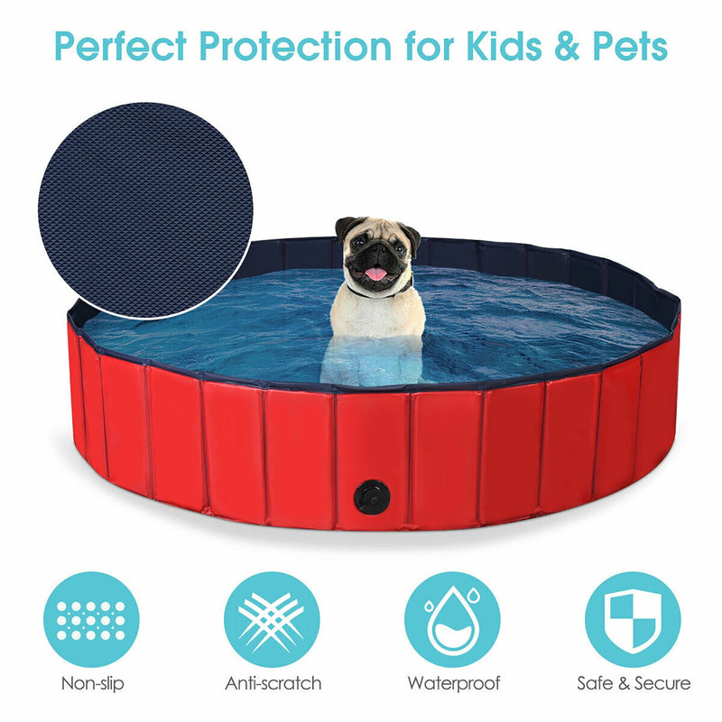 63 Inch Foldable Leakproof Dog Pet Pool Bathing Tub Kiddie Pool for Dogs Cats and Kids-Red