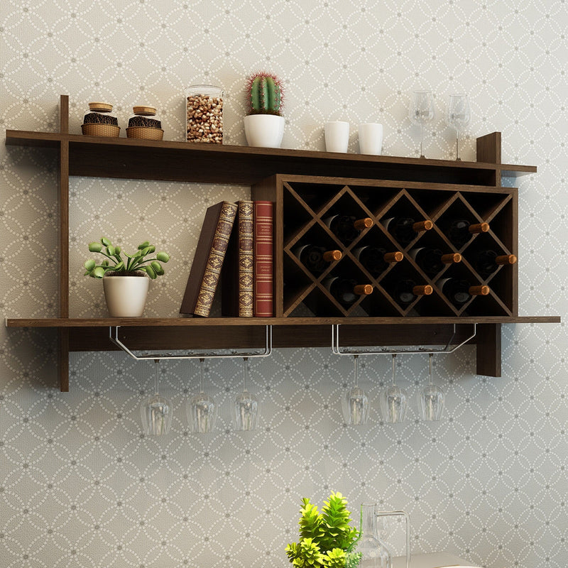 Wall Mount Wine Rack with Glass Holder & Storage Shelf-Walnut