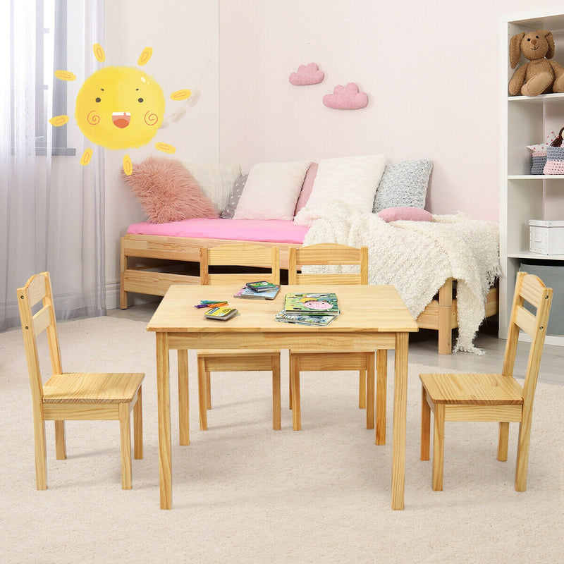 5 Pieces Kids Pine Wood Table Chair Set-Natural