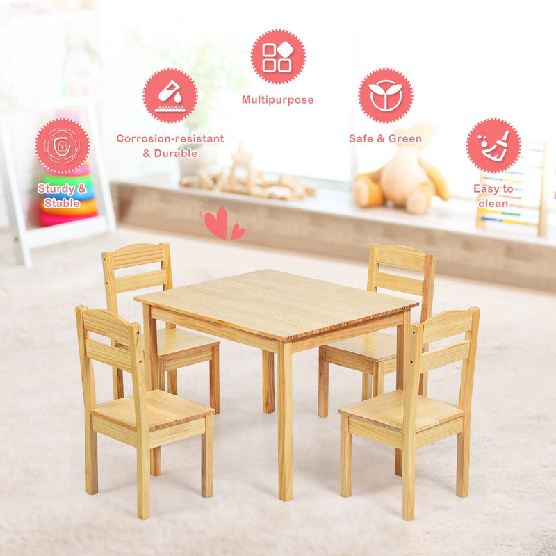 5 Pieces Kids Pine Wood Table Chair Set-Natural