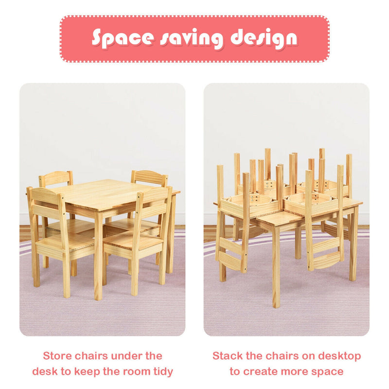 5 Pieces Kids Pine Wood Table Chair Set-Natural