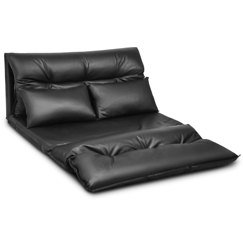 Foldable PU Leather Leisure Floor Sofa Bed with 2 Pillows-Black