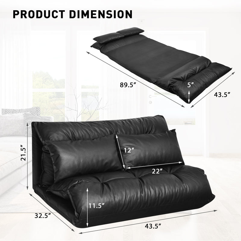 Foldable PU Leather Leisure Floor Sofa Bed with 2 Pillows-Black