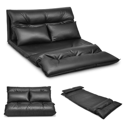 Foldable PU Leather Leisure Floor Sofa Bed with 2 Pillows-Black