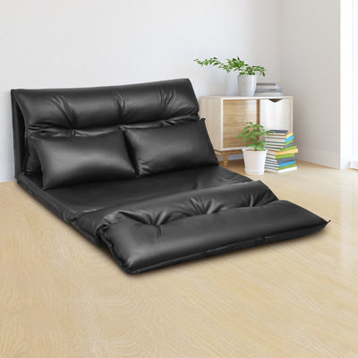 Foldable PU Leather Leisure Floor Sofa Bed with 2 Pillows-Black