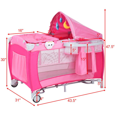 Foldable Baby Crib Playpen w/ Mosquito Net and Bag-Pink