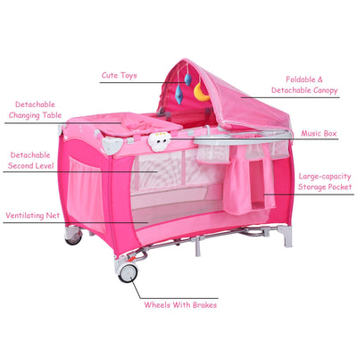 Foldable Baby Crib Playpen w/ Mosquito Net and Bag-Pink