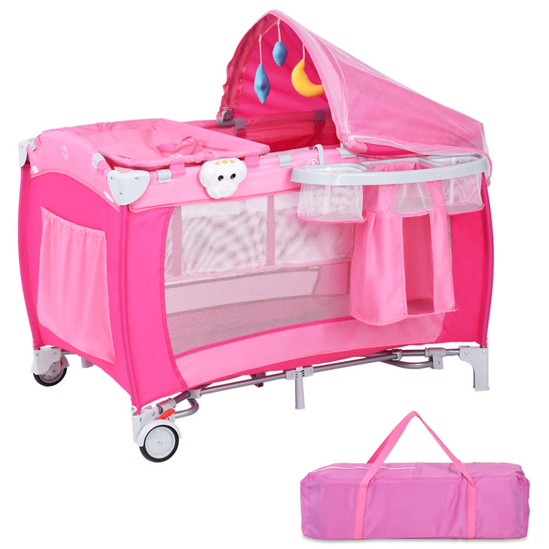 Foldable Baby Crib Playpen w/ Mosquito Net and Bag-Pink