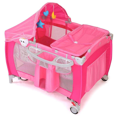 Foldable Baby Crib Playpen w/ Mosquito Net and Bag-Pink