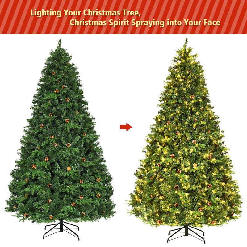 Flocked Artificial Christmas Tree with LED Lights and Pine Cones-8 ft