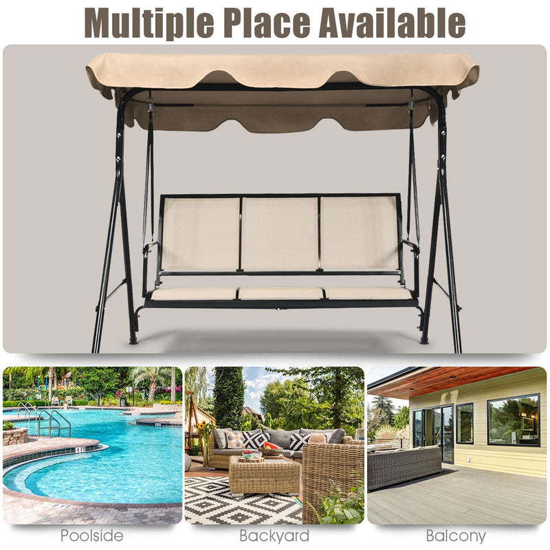 3 Person Steel Frame Patio Swing with Polyester Angle and Adjustable Canopy-Brown