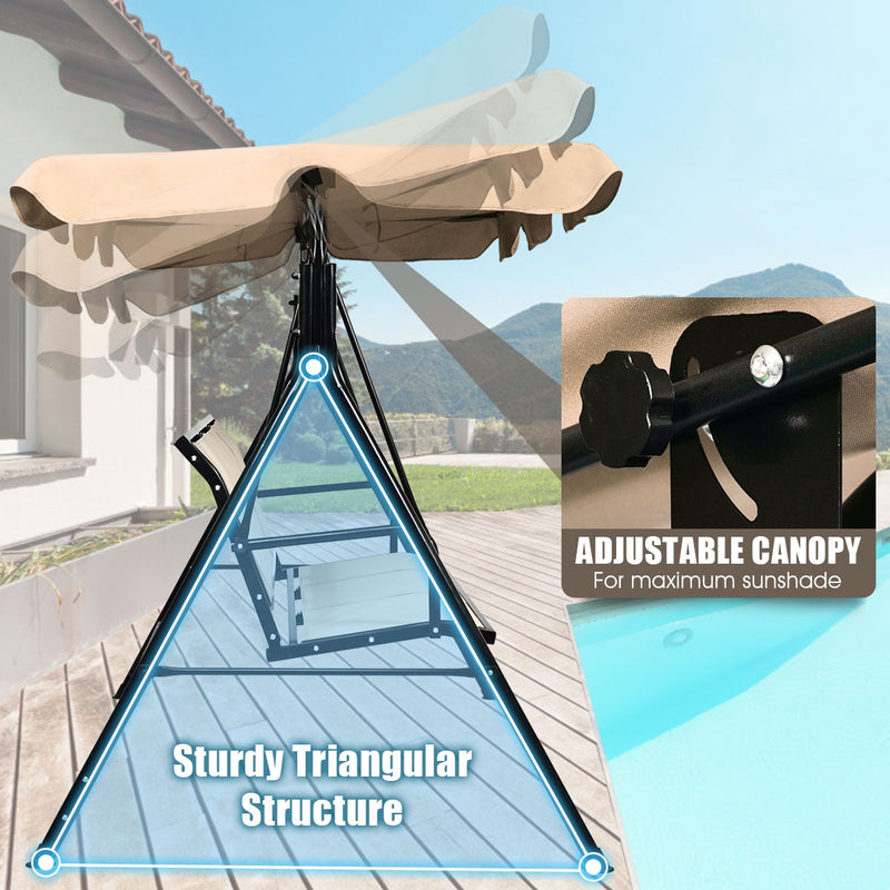 3 Person Steel Frame Patio Swing with Polyester Angle and Adjustable Canopy-Brown