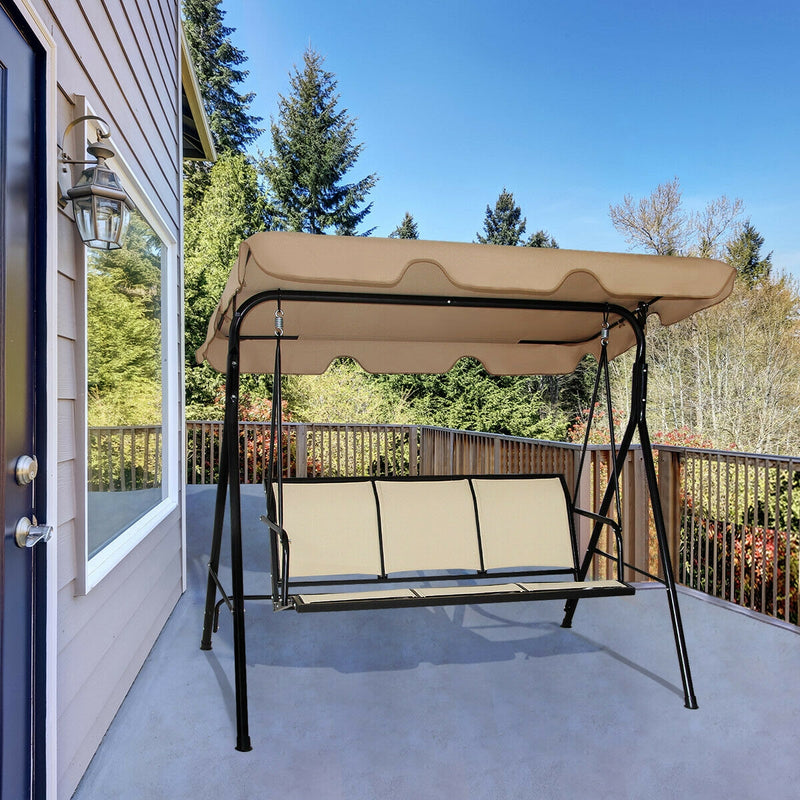 3 Person Steel Frame Patio Swing with Polyester Angle and Adjustable Canopy-Brown