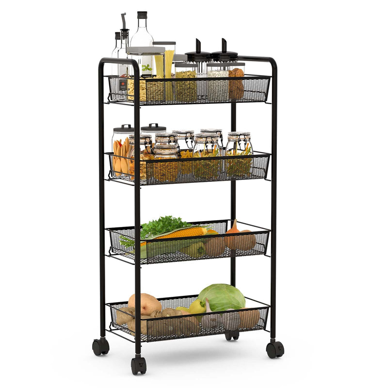 Black 4 Tier Storage Rack Trolley Cart-Black