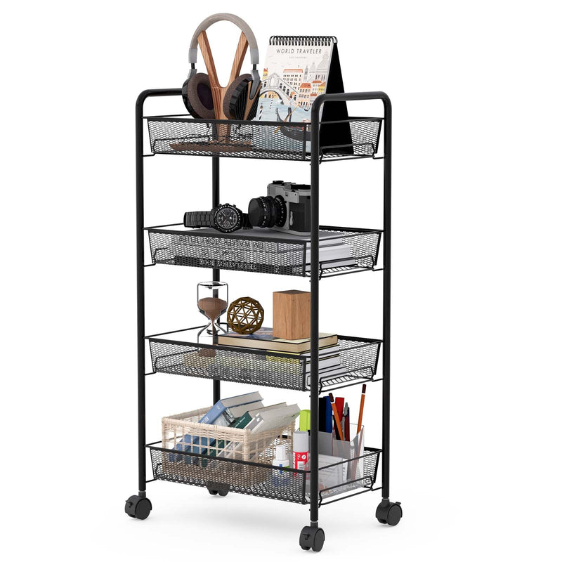 Black 4 Tier Storage Rack Trolley Cart-Black